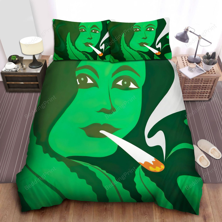 Hippie Girl Smoking Weed Minimalist Art Bed Sheets Spread Duvet Cover Bedding Sets