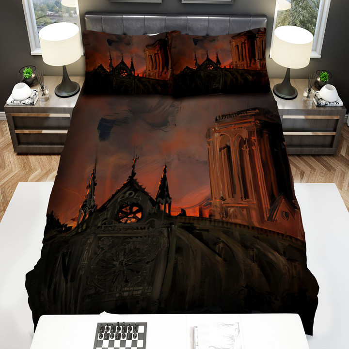 Notre Dame On Fire Painting Art Bed Sheets Spread Comforter Duvet Cover Bedding Sets