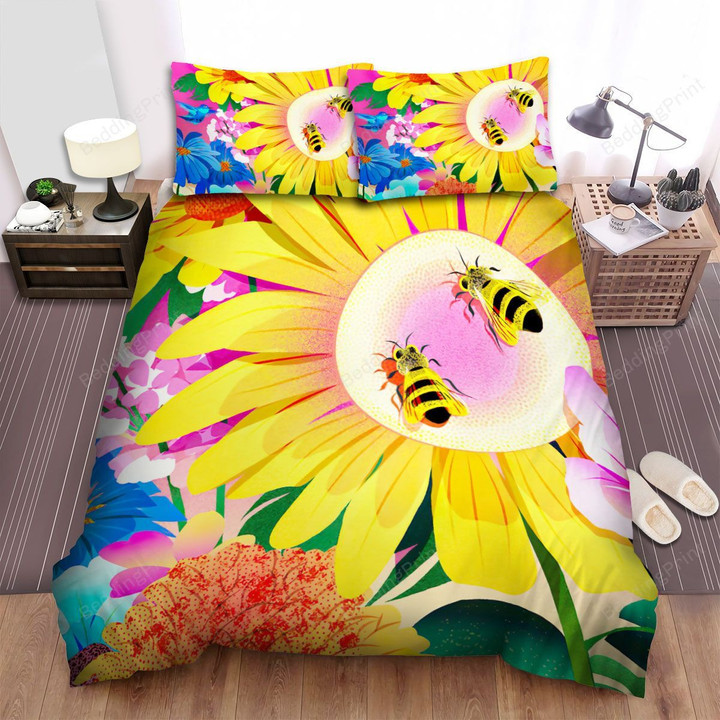 Sunflower Flowers Bird Bees Art Bed Sheets Spread Comforter Duvet Cover Bedding Sets