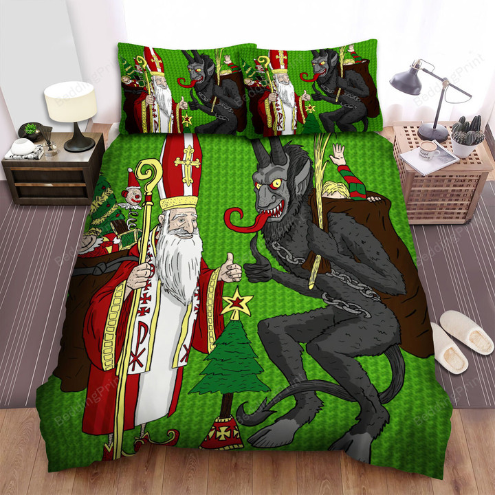 Christmas Art, The Saint And The Krampus Bed Sheets Spread Duvet Cover Bedding Sets