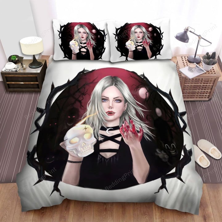 Halloween Vampire Girl With Skull Artwork Bed Sheets Spread Duvet Cover Bedding Sets