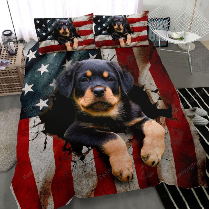 Rottweiler With American Flag Bed Sheets Spread Comforter Duvet Cover Bedding Sets