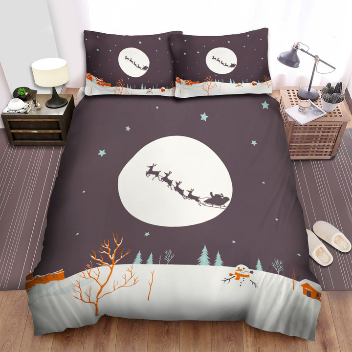 Christmas Night Santa Above The Snowman, Bed Sheets Spread Duvet Cover Bedding Sets