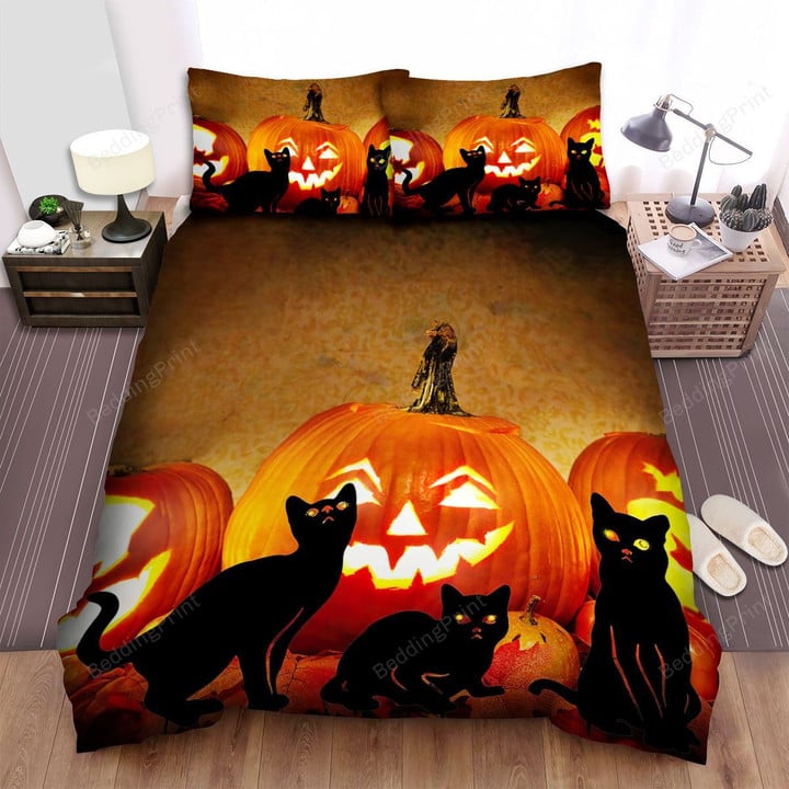 Halloween Black Cats And Smiling Pumpkins Bed Sheets Spread Duvet Cover Bedding Sets