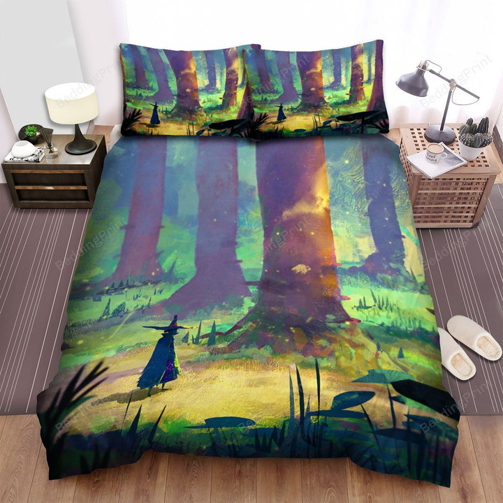 Halloween, Witch, Walking In The Forest Bed Sheets Spread Duvet Cover Bedding Sets