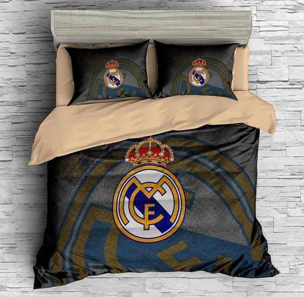 REAL MADRID CF CHECKED DOUBLE DUVET COVER SET EUROPEAN SIZE COTTON REVERSIBLE 