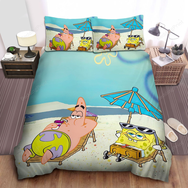Spongebob Squarepants, Relaxing On The Beach Bed Sheets Spread Comforter Duvet Cover Bedding Sets