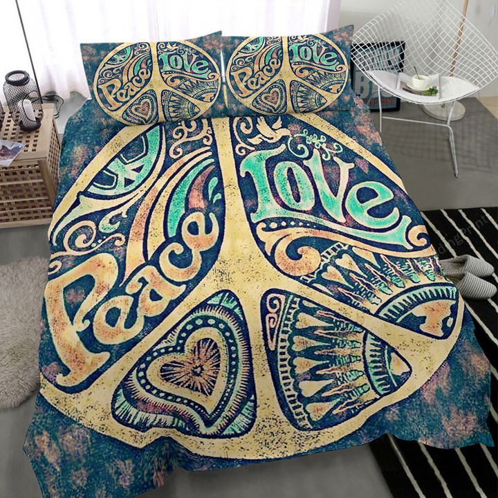 Hippie Peace Love Style Heart Pattern Cotton Bed Sheets Spread Comforter Duvet Cover Bedding Sets