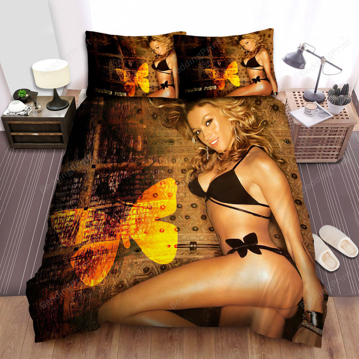 Paulina Rubio Posting With Orange Butterfly Bed Sheets Spread Comforter Duvet Cover Bedding Sets