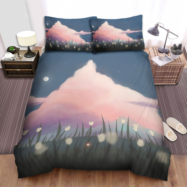 White Tulips Field & Pink Clouds Artwork Bed Sheets Spread Duvet Cover Bedding Sets