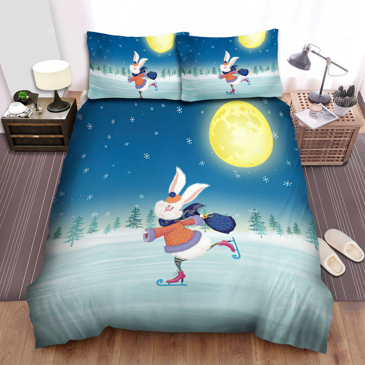 The Christmas Art - Skating White Bunny Bed Sheets Spread Duvet Cover Bedding Sets