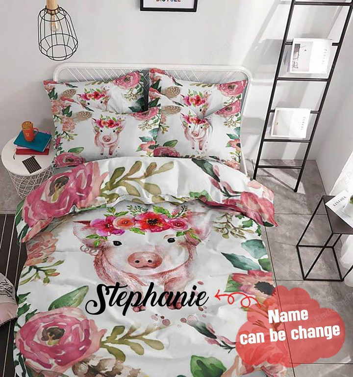Personalized Floral Pig Cotton Bed Sheets Spread Comforter Duvet Cover Bedding Sets Perfect Gifts For Pig Lover