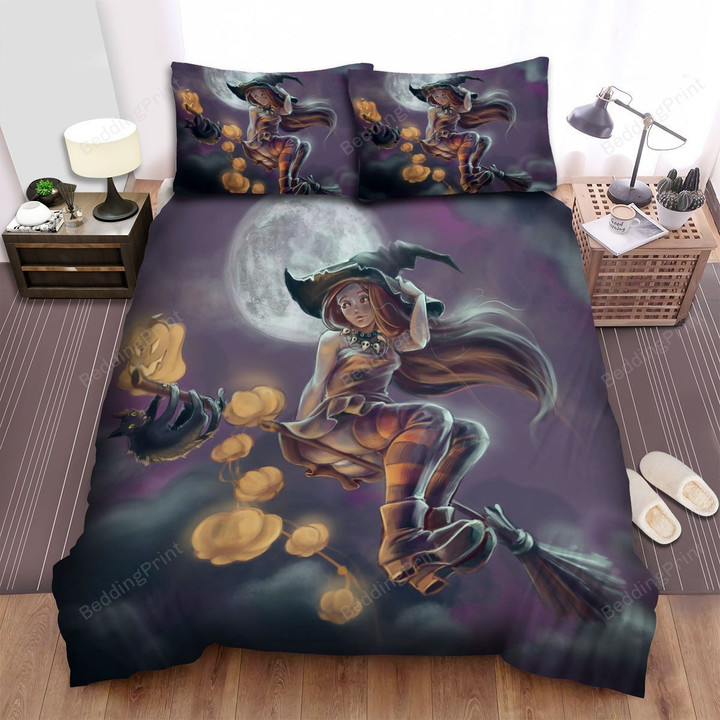 Halloween, Witch, Hang On Black Cat Art Bed Sheets Spread Duvet Cover Bedding Sets