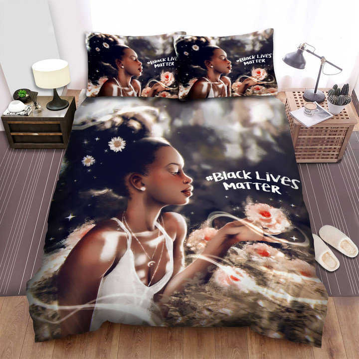 Blm Black Girl & Flowers Portrait Artwork Bed Sheets Spread Duvet Cover Bedding Sets