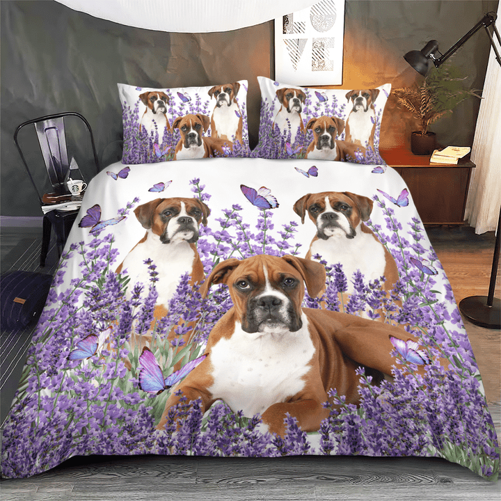 Boxer Dogs And Lavender Cotton Bed Sheets Spread Comforter Duvet Cover Bedding Sets