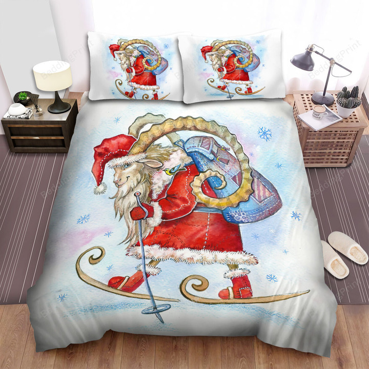 The Christmas Art, Santa Goat Go Skiing Bed Sheets Spread Duvet Cover Bedding Sets