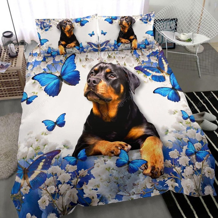 Rottweiler With Blue Butterfly Bed Sheets Spread Comforter Duvet Cover Bedding Sets