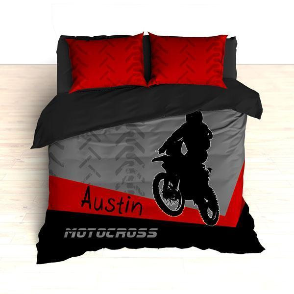 Personalized Motocross Or , Motocross , Dirt Bike, Freestyle Motocross, Red And Black Duvet Cover Bedding Set