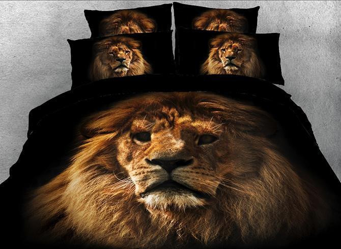 3D Lion Face Printed Cotton Luxury 4-Piece Blacks Duvet Cover Bedding Set