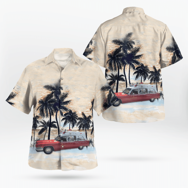 TRHH0107BG03 Howell Township, New Jersey, Howell Township First Aid and Rescue Squad #1 1970 Cadillac Superior 58" Rescuer Hawaiian Shirt