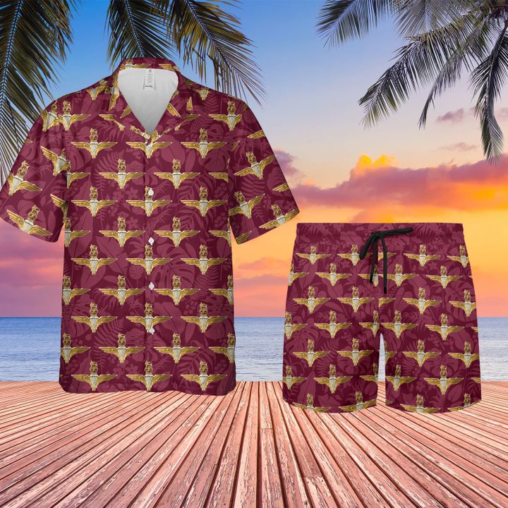 TNLT0306BC06 UK Parachute Regiment Badge Maroon Hawaiian Shirt + Beach Shorts