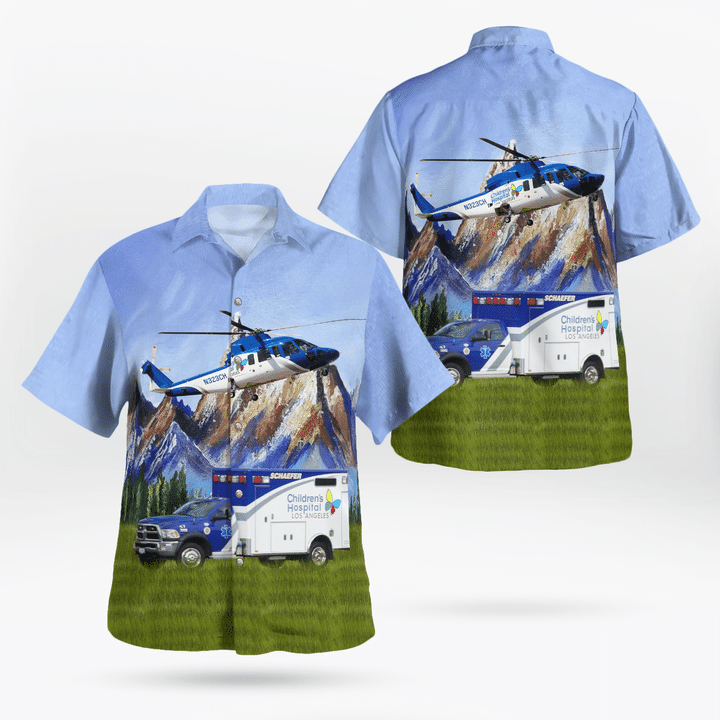 DLTT1106BG05 Los Angeles, California, Children's Hospital Los Angeles Ambulance And Sikorsky S-76C-2 Helicopter Hawaiian Shirt