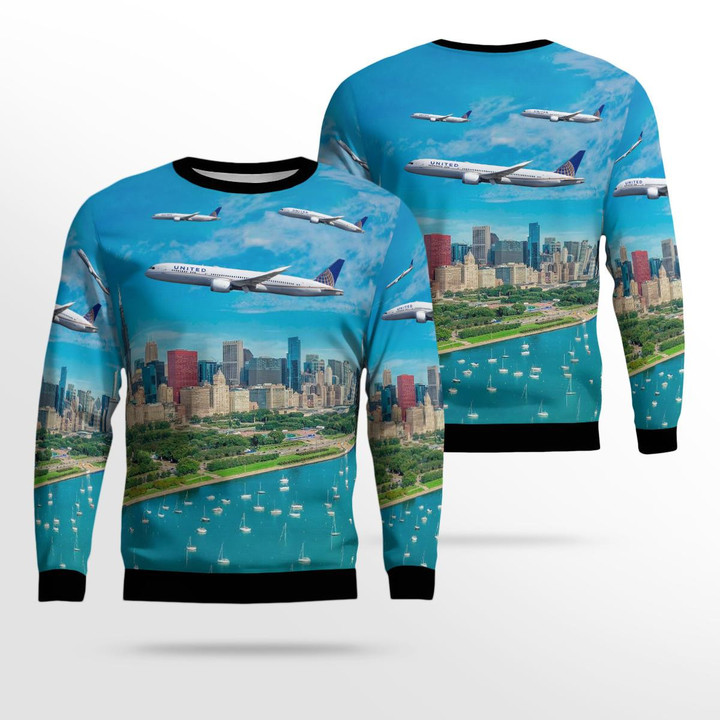 United Airlines Boeing 787-9 Dreamliner Merry Christmas 2021 Over Chicago Christmas Ugly Sweater 3D TRQD0311BC04