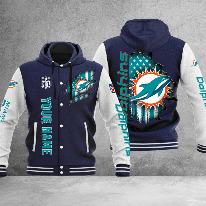 NFL Miami Dolphins (Your Name) Hooded Baseball Jacket 3D Nicegift HBJ-Z3V2
