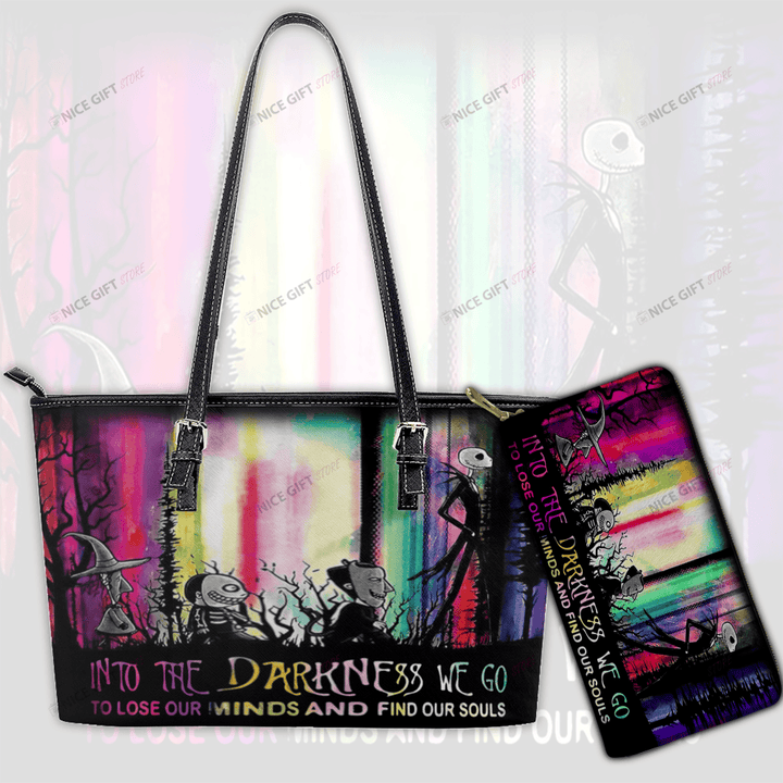 Jack Skellington Into The Darkness We Go To Lose Our Minds And Find Our Souls Leather Tote Bag & Woman Purse Set LTB-J5A4 WOP-S2D8