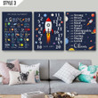 Set Of 3 Nursery Vertical Canvas Poster Framed Print Space Alphabet Solar Sytem Personalized Gift For New Born Baby