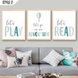 Set Of 3 Let's Read Let's Play Balloon Nursery Vertical Canvas Poster Framed Print Personalized Gift For New Born Baby