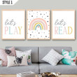 Set Of 3 Let's Read Let's Play Rainbow Nursery Vertical Canvas Poster Framed Print Personalized Gift For New Born Baby