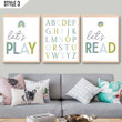Set Of 3 Let's Read Let's Play Alphabet Nursery Vertical Canvas Poster Framed Print Personalized Gift For New Born Baby