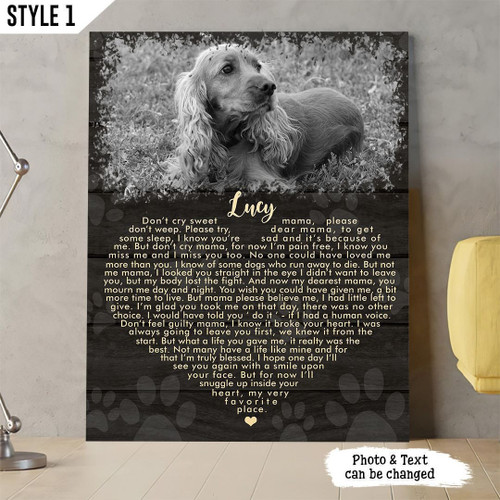 Don't Cry Sweet Mama Dog Poem Printable Vertical Canvas Poster Framed Print Heart Shape Personalized Dog Memorial Gift For Dog Mom