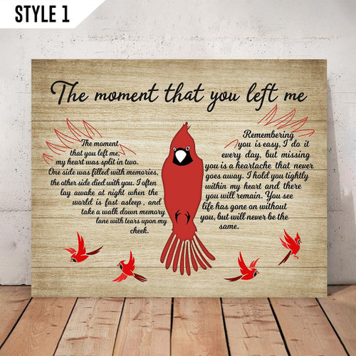 The Moment That You Left Me My Heart Was Split In Two Memorial Horizontal Poster Canvas Framed Print Cardinal Bird Hummingbird Butterfly Dragonfly