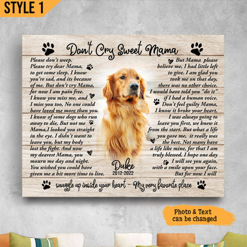 Personalized Canvas Dog Memorial Custom Photo Dog Loss Gift Don't Cry Sweet Mama Dog Poem