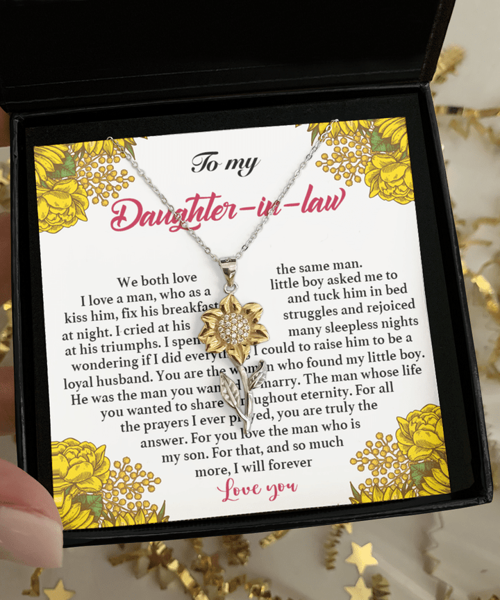 To My Daughter In Law Sunflower Pendant Necklace We Both Love The Same Man Personalized Gift For Daughter In Law