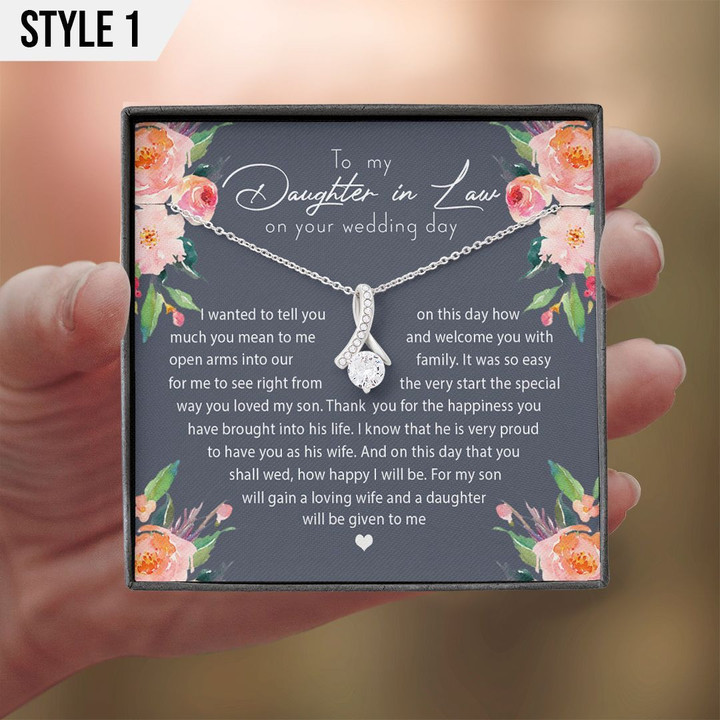 To My Daughter In Law Alluring Beauty Necklace Welcome You With Open Arms Into Our Family Heart Shape Personalized Gift For Bride