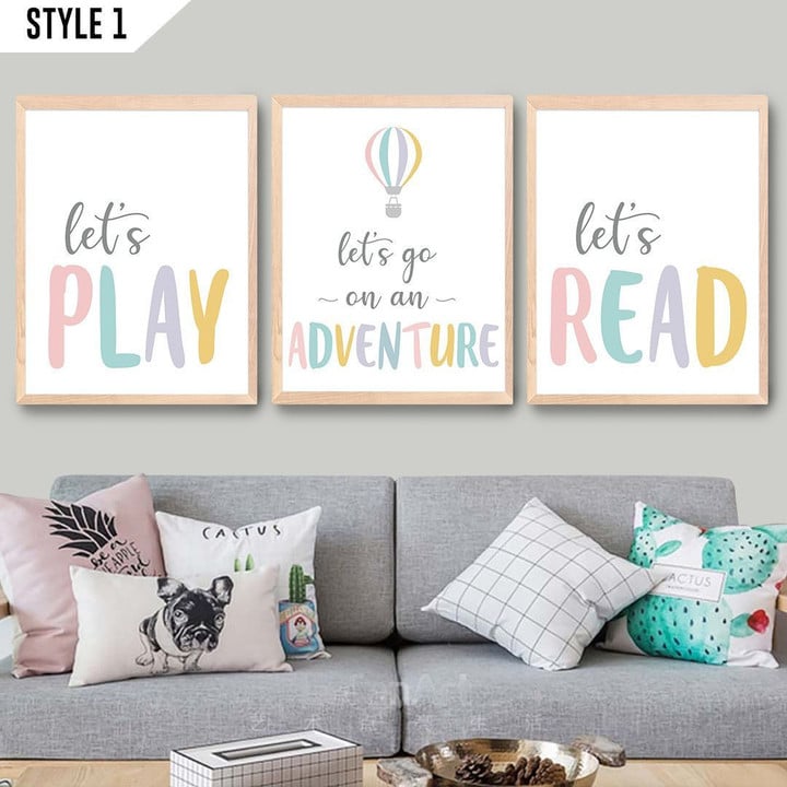 Set Of 3 Let's Read Let's Play Balloon Nursery Vertical Canvas Poster Framed Print Personalized Gift For New Born Baby