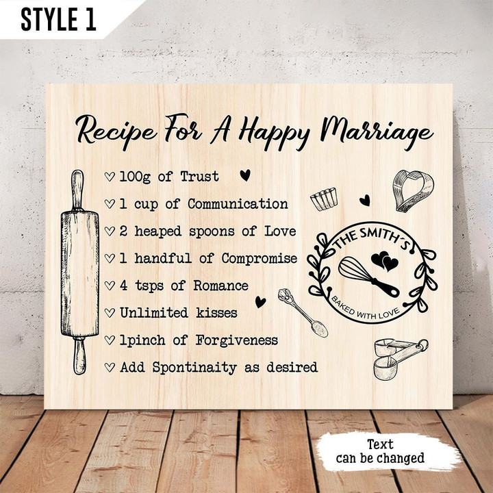 Recipe For A Happy Marriage Horizontal Canvas Poster Framed Print Personalized Wedding Anniversary Gift For Wife Husband