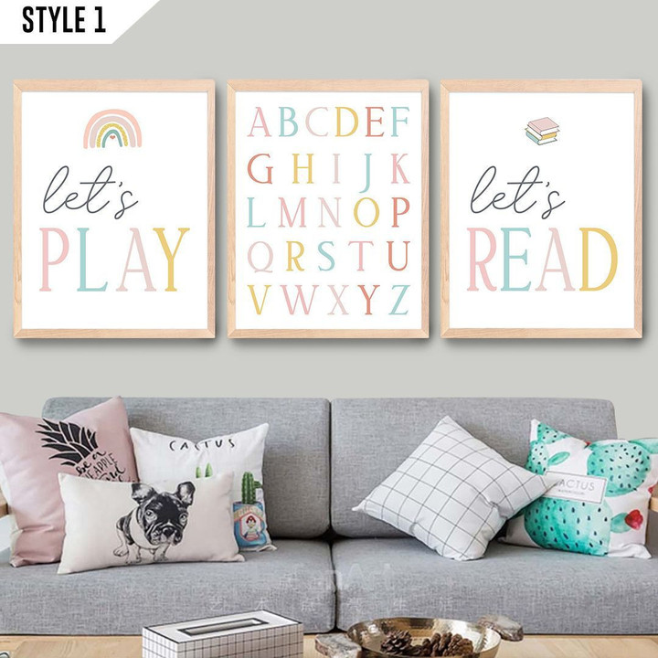 Set Of 3 Let's Read Let's Play Alphabet Nursery Vertical Canvas Poster Framed Print Personalized Gift For New Born Baby