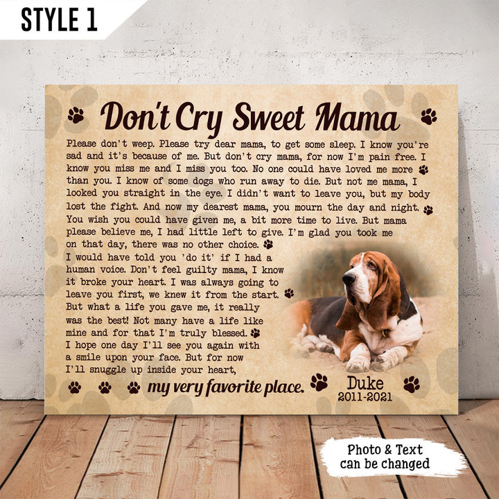 Personalized Canvas Dog Memorial Custom Photo Dog Loss Gift Don't Cry Sweet Mama