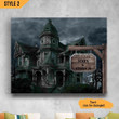 Halloween Haunted House With Couple Names And Date Sign Horizontal Poster Canvas Framed Print Personalized Halloween Gift