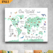 Nursery Vertical Canvas Poster Framed Print Animal World Map Personalized Gift For New Born Baby