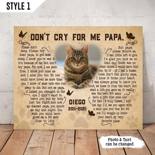 Don't Cry For Me Papa Cat Poem Printable Horizontal Canvas Poster Framed Print Butterfly Shape Personalized Cat Memorial Gift For Cat Dad