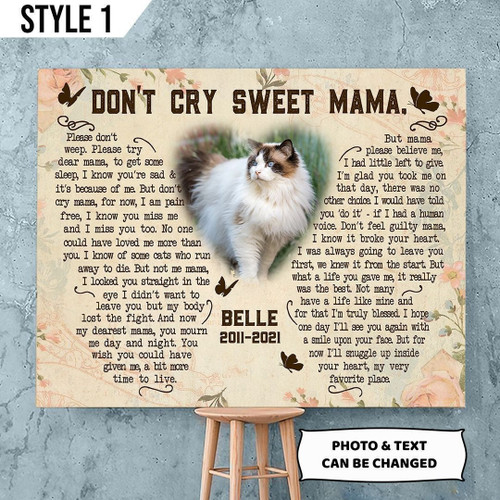 Don't Cry Sweet Mama Cat Poem Printable Horizontal Canvas Poster Framed Print Vintage Butterfly Shape Personalized Cat Memorial Gift For Cat Mom