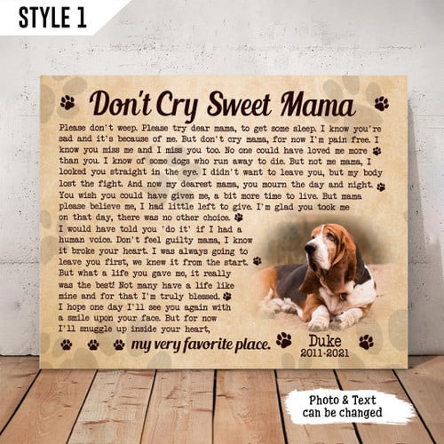 Custom Canvas Print | Don't Cry Sweet Mama Dog Poem | Personalized Dog Memorial Gift With Dog Picture