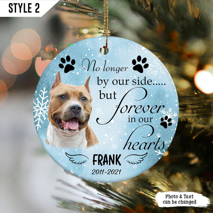Personalized Christmas Ornament | No Longer By Our Side But Forever In Our Hearts | Custom Dog Memorial Gift With Dog Picture