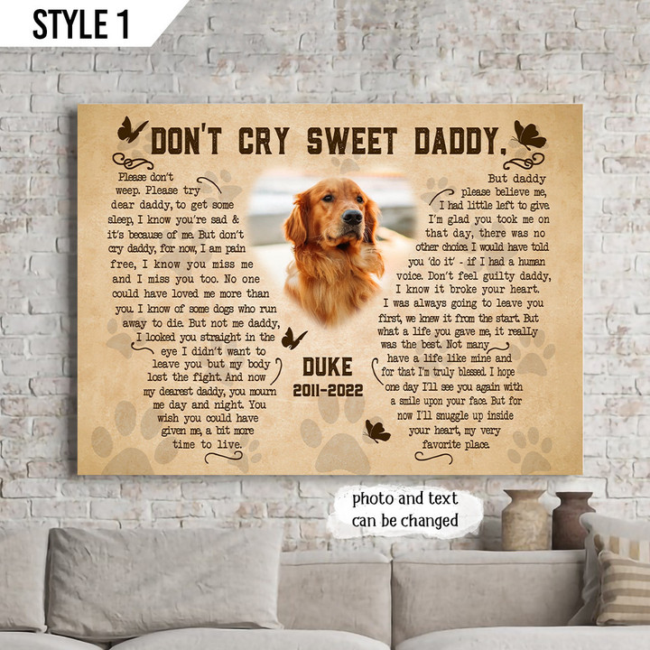 Don't Cry Sweet Daddy Dog Poem Printable Horizontal Canvas Poster Framed Print Butterfly Shape Personalized Dog Memorial Gift For Dog Dad