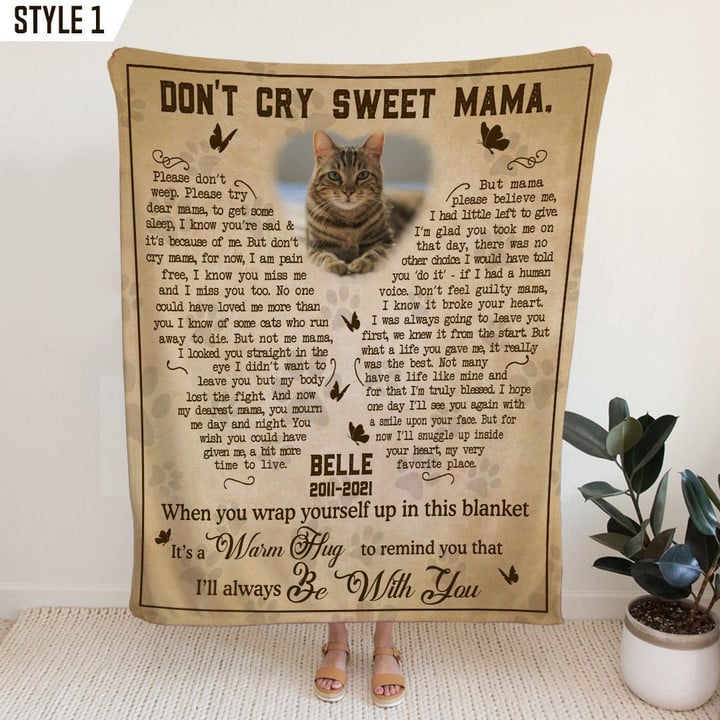 Custom Photo Blanket | Don't Cry Sweet Mama Cat Poem | Personalized Cat Memorial Gift With Cat Picture